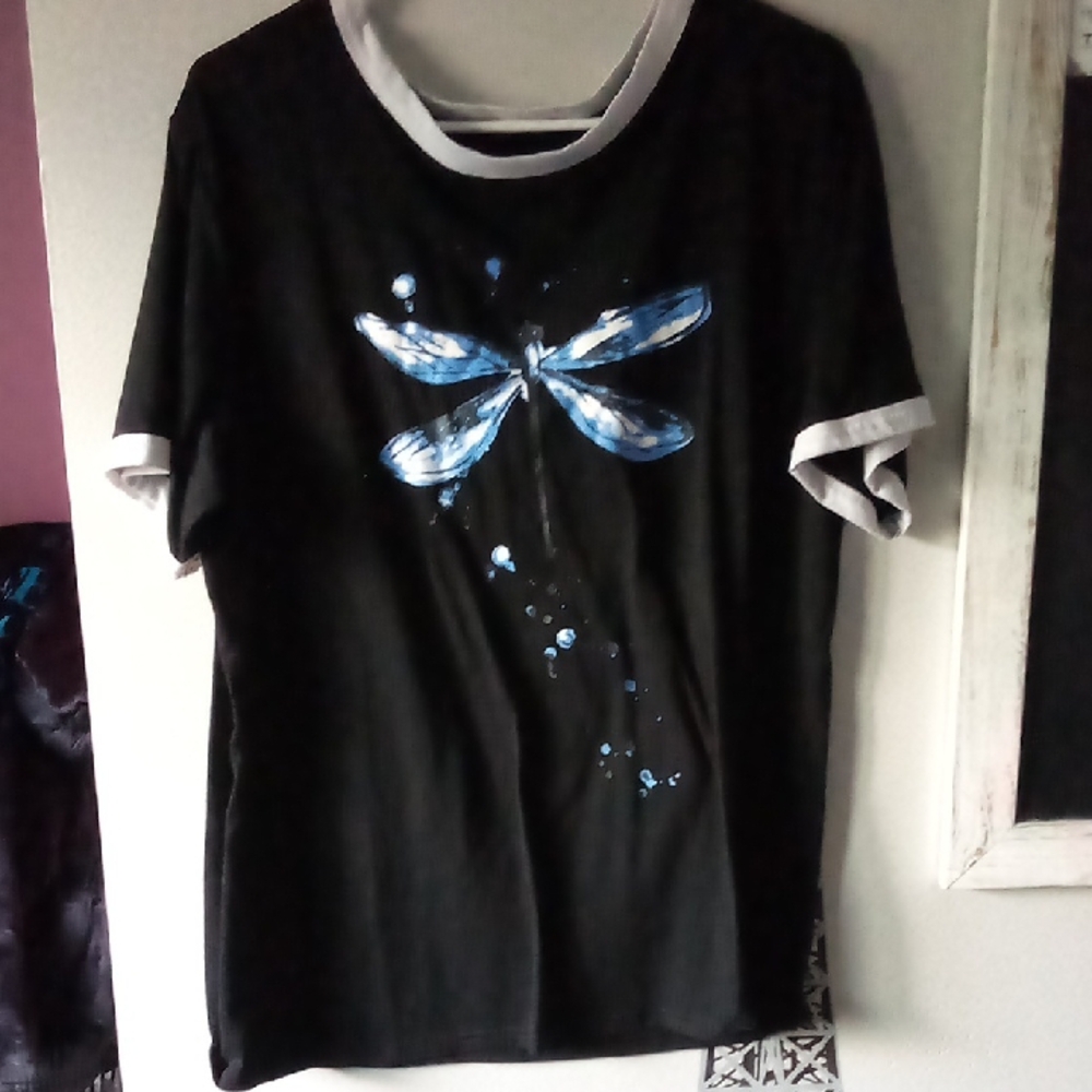 Amazon Black Tee with Blue and White Dragonfly